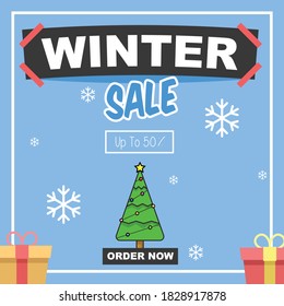 Winter sale headline vector with gift boxes vector isolated in blue good for social media campaign