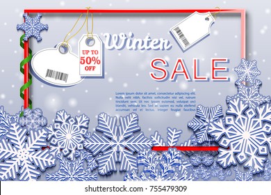 Winter Sale Horizontal Banner With Snowfall And Tags. Barcode Does Not Contain Links To Products And Websites. Vector Illustration.