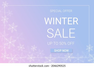 Winter sale horizontal banner template. Discount text on blue and purple gradient background with snowflakes and frame. Vector illustration