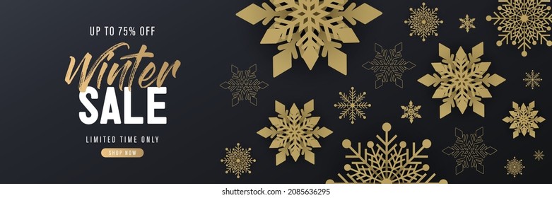 Winter sale horizontal banner template on black background with golden snowflake decoration. Luxury and elegant style vector. Suit for poster, cover, banner, website, promo, header, shopping