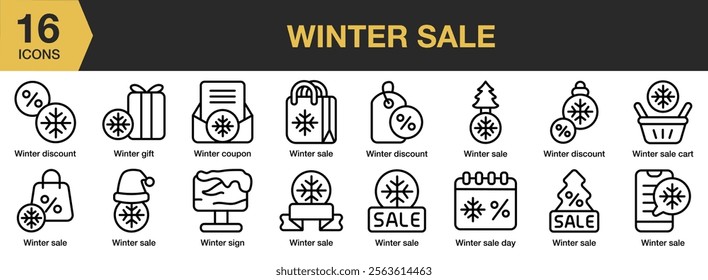 Winter Sale icon set. Includes Cold, Discount, Price, Sale, Season, Shop, Winter, and More. Outline icons vector collection.