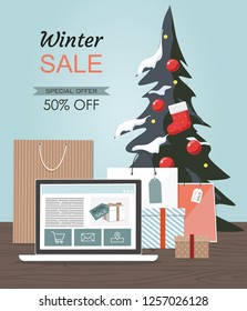 Winter sale Illustration with Christmas tree,  gift boxes and laptop. Spesial offer. 