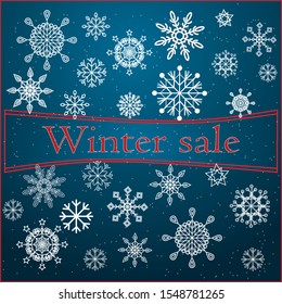 Winter sale illustration with falling snowflakes on blue background, vector