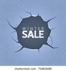 Winter sale illustration. Ice-hole with cracks