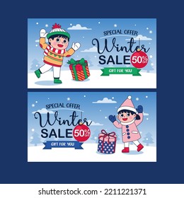 Winter Sale Illustration With Kids And Kids And Gift Box