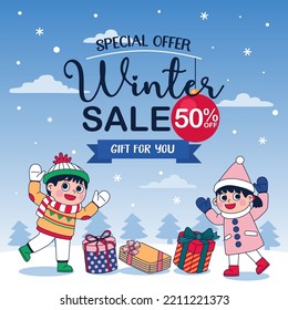 Winter Sale Illustration With Kids And Kids And Gift Box