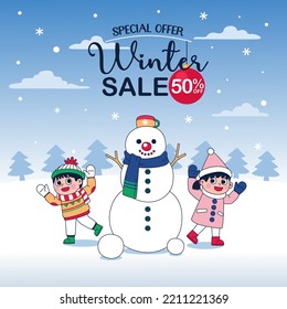 Winter Sale Illustration With Kids And Kids And Snowman