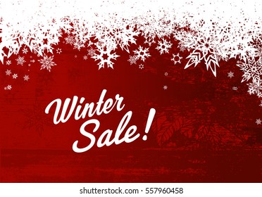 Winter sale illustration template with red background and white snowflakes.