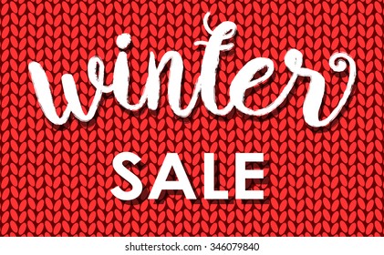 Winter sale. Ink painted inscription on red background from knitted wool. Vector illustration.