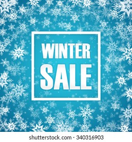 Winter sale inscription on background with snowflake. Vector illustration. EPS 10