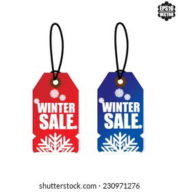 Winter sale inscription with snowflakes on tags red and blue, vector illustration. 