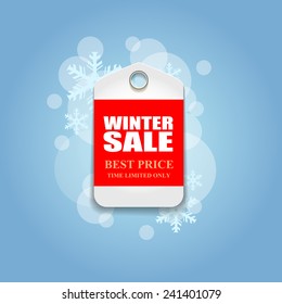 Winter sale inscription with snowflakes in paper style against snowfall, vector bright illustration