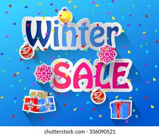 Winter sale inscription with snowflakes in paper style against snowfall
