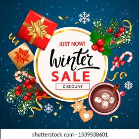 Winter sale invitation banner,poster.Christmas and New Year discounts offers with traditional christmas decorations-gift box with gold bow,candy cane,branch with rowans,cookie,cocoa,marshmallow.Vector