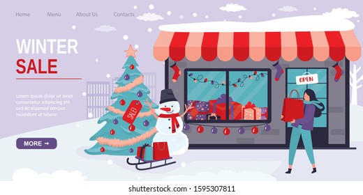 Winter sale landing page template. Happy female shopper with purchases. Fashion woman with shopping bags. Storefront, traditional christmas tree and funny snowman with sale label. Vector illustration