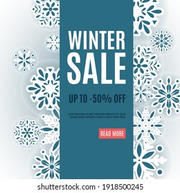 Winter Sale Landing Page Template. New Year And Christmas Holidays Special Offer Advertising Web Banner. Discount Up To 50 Percent Off Flyer For Online Store Vector Illustration