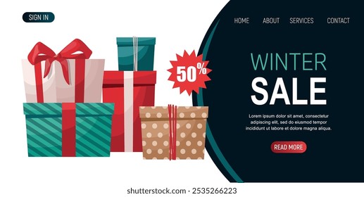 Winter sale landing page, template, web, mobile banner poster. Christmas gifts on white background.
