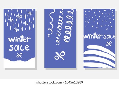 Folletos de venta de invierno con trazo blanco, puntos, líneas de elementos sobre fondo azul. Ilustración vectorial. Polígrafo para tiendas y comercios. Porcentaje de símbolo. Diseño nevado. Sello de año nuevo.