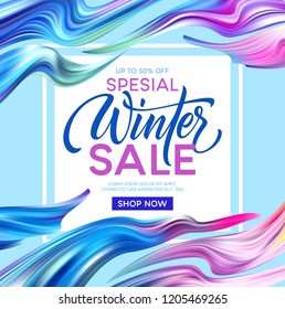 Winter sale lettering banner with color fantastic waves. Modern colorful flow poster. Wave Liquid shape. Art design for your design project Vector illustration