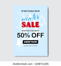 winter sale lettering design fir tree season shopping template special discount offer concept vertical poster flat vector illustration