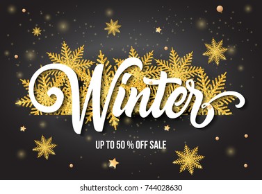 Winter Sale Lettering and Gold Snowflakes