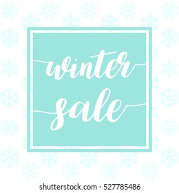 Winter sale lettering text on blue and white snowflakes background. Shopping concept to design banners, price or label. Vector illustration