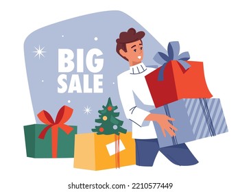 Winter sale. Man with a gift box. Preparing for Christmas. Vector image.