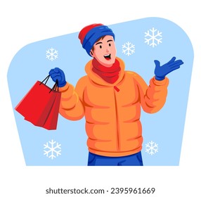 Winter sale and a man in warm clothes with shopping bags