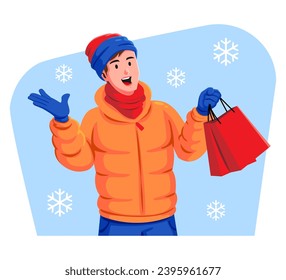 Winter sale and a man in warm clothes with shopping bags