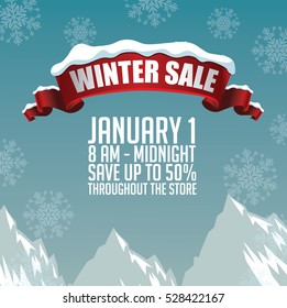 Winter sale marketing background template with snow-covered red ribbon and copy space. EPS 10 vector.