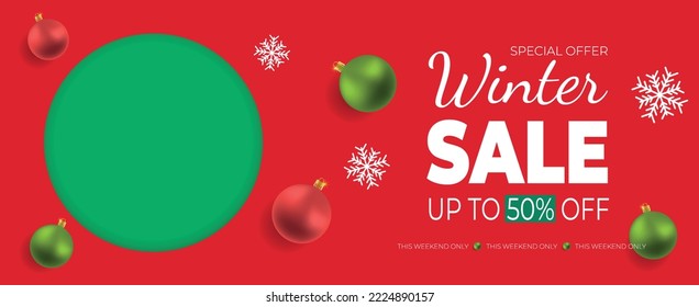 Winter sale mockup on red background with green circle. Realistic Christmas toys with snow. Sale and presentation scene. Vector business illustration