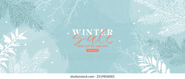 Winter Sale Modern banner with fir branches, snow-covered plants. Fashionable elegant poster with grainy texture. Winter background, web banner or flyer design. Template for advertising, printing