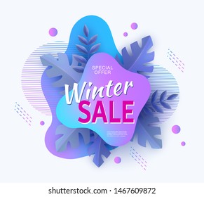 Winter sale - modern layered banner design with blue tree leaves on geometric background. Retail store special offer promotion poster isolated on white background - vector illustration