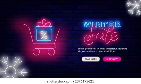 Winter sale neon advertising. Shopping cart with gift box. Landing page website template. Marketing advertising. Special offer. December shopping. Glowing banner. Vector stock illustration