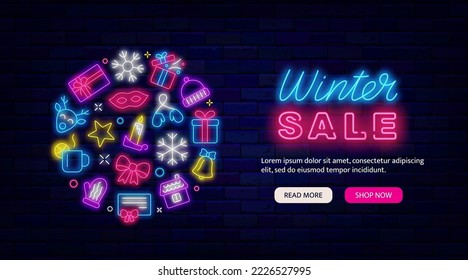 Winter sale neon flyer. Website landing page. Circle layout with holiday icons. Santa Claus, present and candle. Luminous advertising. December invitation. Vector stock illustration