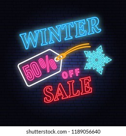 Winter sale neon sign with christmas tag hanging. Vector illustration. Neon winter sale sign for banner, billboard, promotion or advertisement.