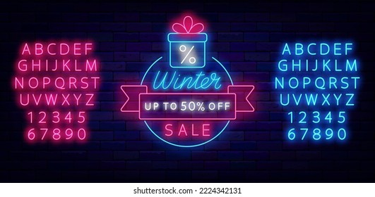 Winter sale neon signboard. Circle frame with present. Shiny banner. Light pink and blue alphabet. New Year invitation. Merry Christmas design. Special offer advertising. Vector stock illustration