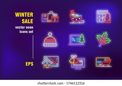 Winter sale neon signs set. Christmas symbols, sleigh, mistletoe, jingle, cloth, shopping bag. Night bright advertising. Vector illustration in neon style for banners, posters, flyers design