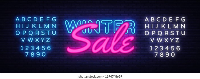 Winter Sale neon text vector design template. Big Winter Discount neon logo, light banner design element colorful modern design trend, night advertising, bright sign. Vector. Editing text neon sign