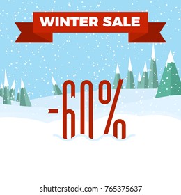 Winter sale numbers on the beautiful Christmas landscape background with trees, snowflakes, falling snow.