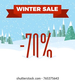 Winter sale numbers on the beautiful Christmas landscape background with trees, snowflakes, falling snow.