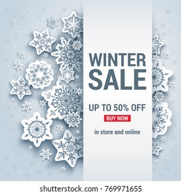 Winter sale off template with paper cut snowflakes. Seasonal advertising for banner, poster, leaflet and so on. Realistic effect.