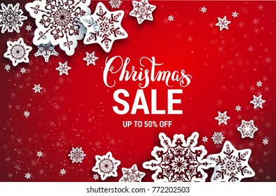 Winter sale off template with paper cut snowflakes. Seasonal advertising for banner, poster, leaflet and so on. Realistic effect.