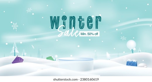 winter sale offer background temple podium in snow background with shopping bags around