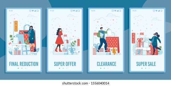 Winter Sale Offer. Shopping on Holidays. Mobile Screens with Promotion Lettering and Festive Design. Discounts with Sell-Off. Social Media Landing Page Flat Set. Vector Cartoon Illustration