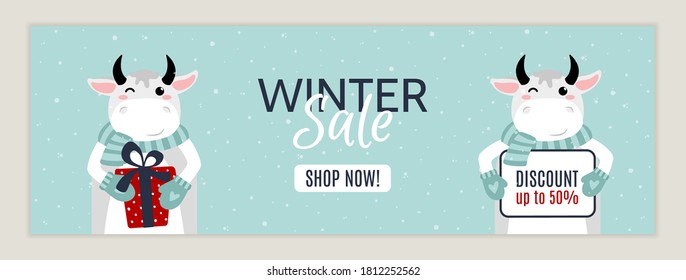 Winter sale offer template. Fun festive banner with cute white metal bull. Christmas sale. Shop market poster design