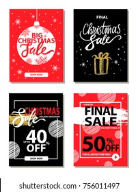 Winter sale on everything, final Christmas offer, holiday discount, banners with image of ball and present with bow, titles on vector illustration
