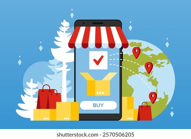 Winter sale on New Year's Eve. Black friday. The concept of shopping with your phone and shipping worldwide. The phone app