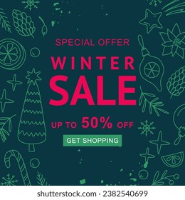 Winter sale on social networks. Christmas Winter Holidays square template with hand drawn cute line style design elements. Vector illustration for greeting card, cover, banner, social media post