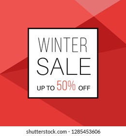 Winter sale. Online shopping banner with discount offer. Promotional design poster. Minimal red background